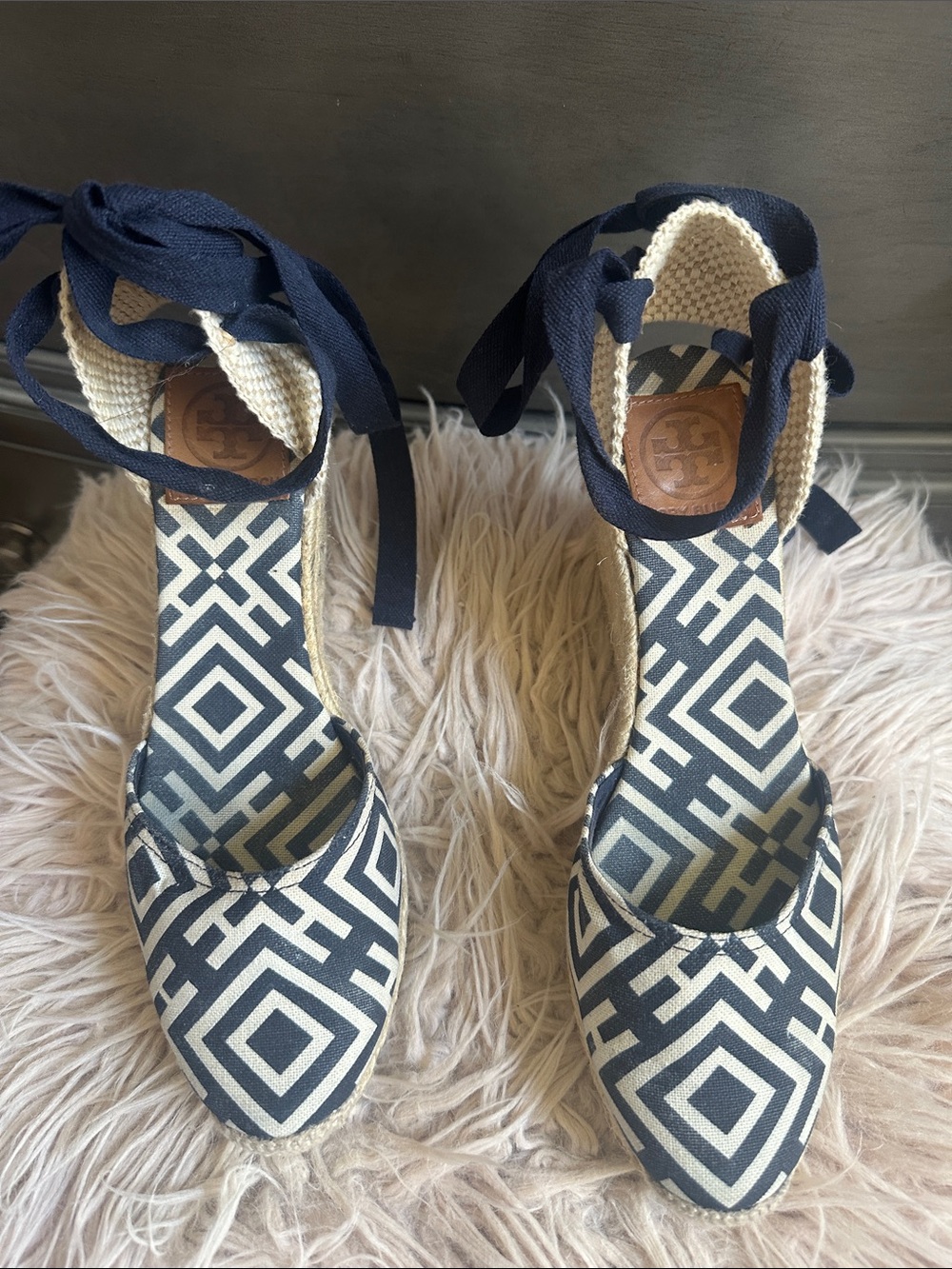 Tory Burch Navy & Cream Geometric Espadrille Tie-Heel Sandals